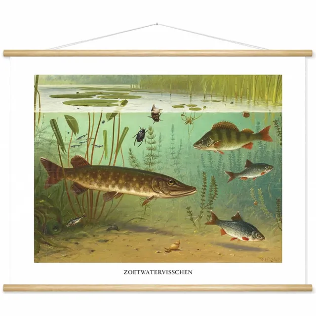 wallchart unlimited Schoolplaat 'Zoetwatervissen (II)' van M.A. Koekkoek wit