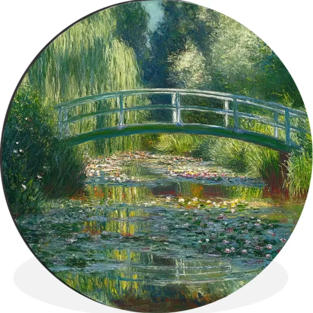 WallCircle Wandcirkel - Muurcirkel - Brug - Hout - Vijver - Waterlelies - Aluminium - Dibond - 120x120 cm - Binnen en Buiten