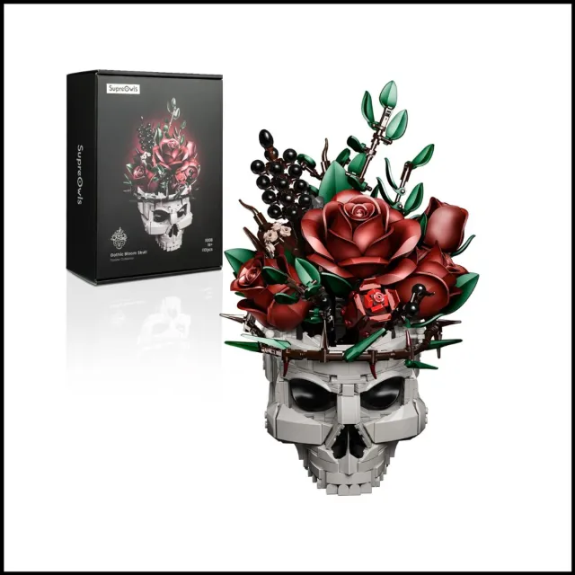 SupreOwls Schedel Bloemen Bouwstenen Set – Gotische Rozen Boeket – Skelet Plantenbak – Bloem Decor – Cadeau voor Volwassenen Zwart en Rood