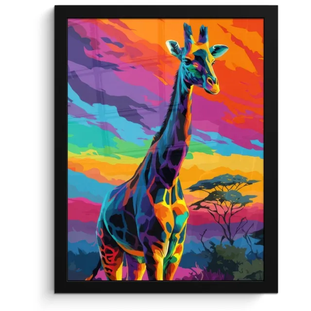 FrameYourWall Poster in lijst - Fotolijst 30x40 cm - Posters - Giraffe - Savanna - Lucht - Gekleurd - Posterlijst zwart - Decoratie - Wanddecoratie woonkamer - Muurdecoratie slaapkamer Giraffe - Kleurrijk