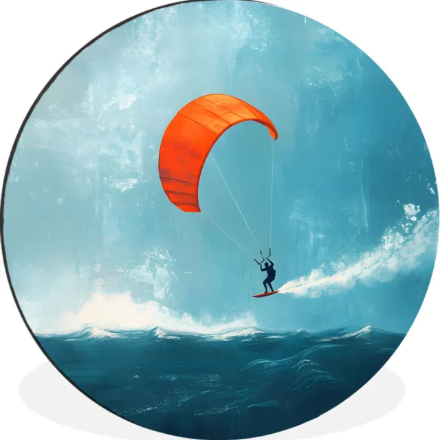 WallCircle Wandcirkel - Muurcirkel - Kitesurfer - Oranje - Zee - Lucht - Aluminium - Dibond - 60x60 cm - Binnen en Buiten Kitesurfer - Zee