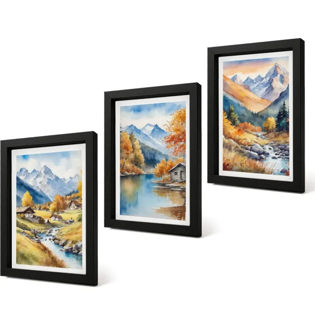 Coloray 4-Delige Schilderij Set - Geschilderde herfstbergen met een rivier en huisjes - 20 x 30 cm - Decoratieve Schilderijen - Woonkamer - Interieur - Wanddecoratie Zwarte lijst