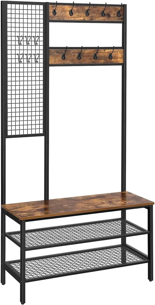 FurnStar Kapstok met schoenenrek - Garderobe in industriële stijl - Bankje - Haken - Schoenenrek - Robuust metalen frame -97.7x40x185 cm - Bruin