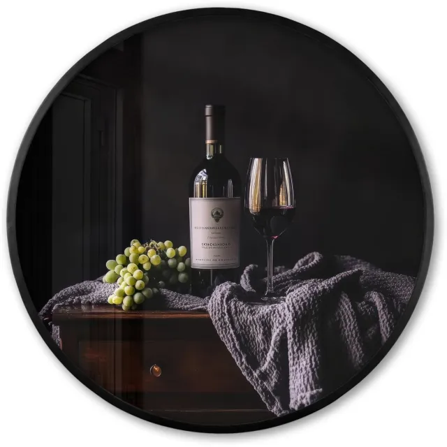 FrameYourWall Poster in lijst Rond - Fotolijst 80x80 cm - Posters - Druiven - Wijn - Rood - Tafel - Ronde posterlijst zwart - Decoratie - Wanddecoratie woonkamer - Muurdecoratie slaapkamer Rode - Wijn