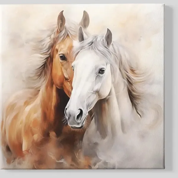 Trendex Global Vierkant Canvas Schilderij - Paarden - Wit en Bruin - Dierenkunst - 60x60x2 cm