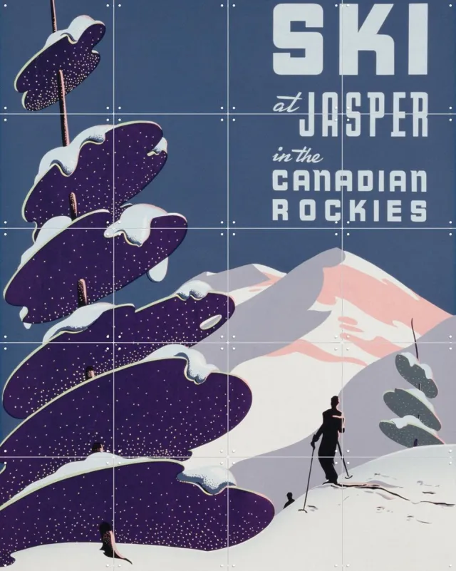 IXXI Canadian Ski Resort Jasper, Bridgeman Images - 80 x 100 cm - Grote wanddecoratie en posters - Illustraties, Art Deco, Vintage, Woonkamer, Winter Warme kleuren / Blauw