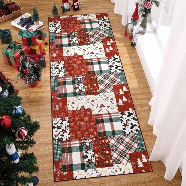 Danky Rood Kerstkleed 60 x 180 cm Ruitpatroon - Machinewasbaar Vloerkleed Kerst met Antislip Onderkant - Gang en Hal