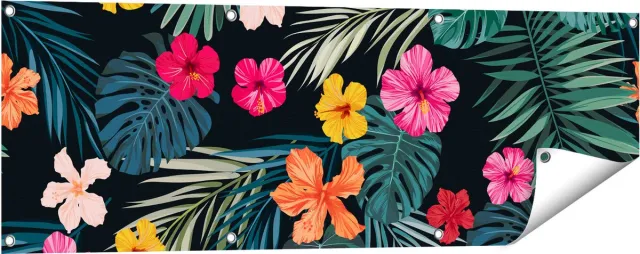 Gards Tuinposter Getekende Tropische Bloemen - Abstract - 120x40 cm - Tuindoek - Tuindecoratie - Wanddecoratie buiten - Tuinschilderij Multikleur