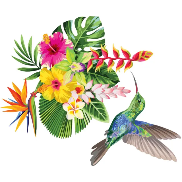 Ambiance Sticker Muurstickers - Tropische bloemen en kolibrie - Transparante achtergrond - 20x25 cm Multi color