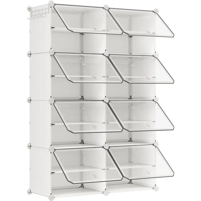Songmics Schoenenrek - Schoenenrek met 8 Vakken - Met Deuren en Stalen Frame - Voor Hal en Slaapkamer Wit