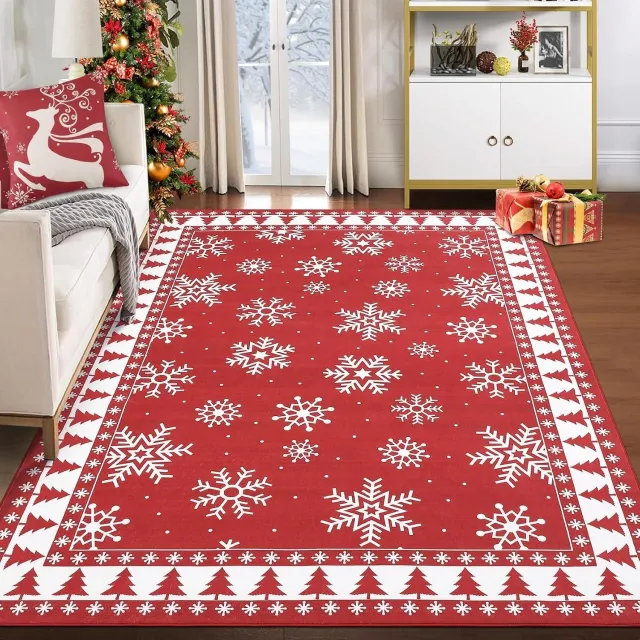 Danky Kersttapijt - Machinewasbaar Vloerkleed met kerstmotief voor Woonkamer en Hal - Rood 120 x 120 cm