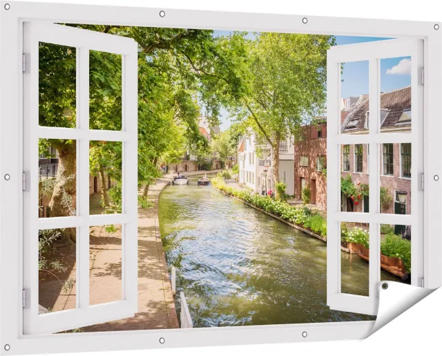Gards Tuinposter Doorkijk Oudegracht in Utrecht - 150x100 cm - Tuindoek - Tuindecoratie - Wanddecoratie buiten - Tuinschilderij Wit
