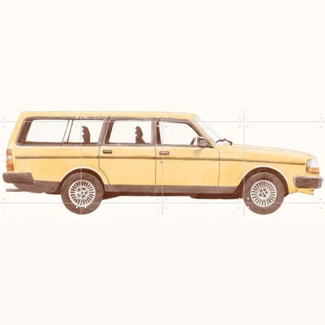 IXXI Vintage Yellow Car, Florent Bodart - 80 x 60 cm - Grote wanddecoratie en posters - Vintage, Illustraties, Mancave Lichte tinten