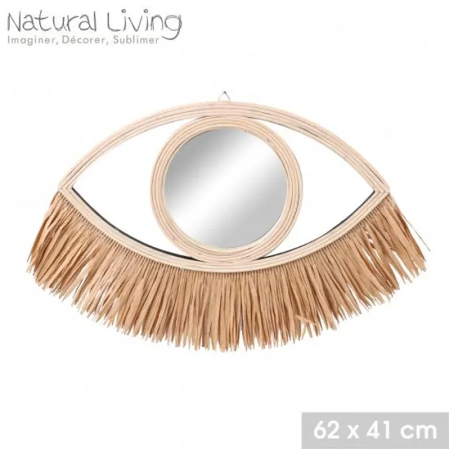 Urban Living “NATURAL LIVING” SPIEGEL ILANA VAN NATUURLIJK ROTAN MET RAFIA FRANJES 62XH41CM naturel / beige clair