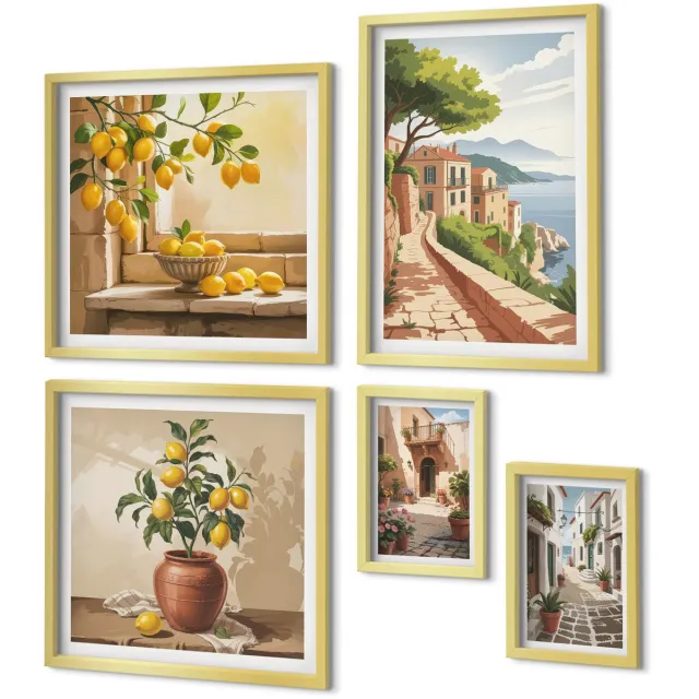 Coloray 5-Delige Schilderij Set - Charmante Uitzichten Op Mediterrane Straten En De Natuur. - 50 x 50 cm, 20 x 30 cm En 40 x 60 cm - Moderne Wanddecoratie - Slaapkamer - Interieur Decoratie Gouden lijst