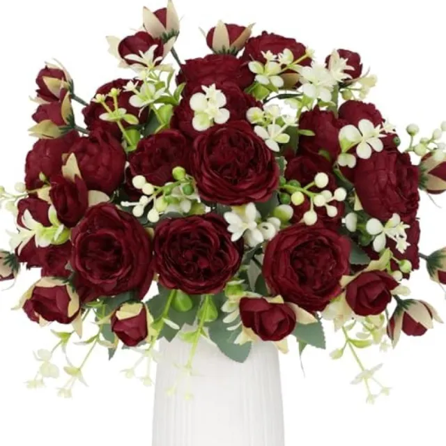 PromoHome 4 Bosjes Kunstpioenen Rode Zijden Bloemen Boeket - Kunstbloemen voor Bruiloft, Feest, Tafelcenterpiece, Huis en Keuken Decoratie Rood-2