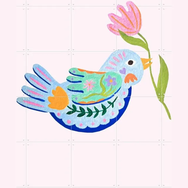 IXXI Floral Fantasy Bird, Palmartprints - 100 x 140 cm - Grote wanddecoratie en posters - Speels, Illustraties, Kleurrijk, Woonkamer, Slaapkamer Roze / Blauw