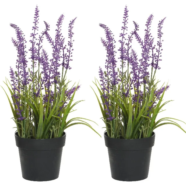 Everlands Lavendel kunstplant in pot - 2x - fuchsia paars - D15 x H30 cm