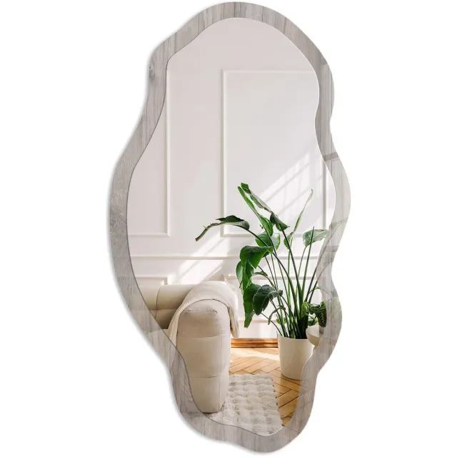 Coloray Houtstructuur Spiegel - Grijs Elegante Rechthoekige Wandspiegel - Organische Spiegel - Woonkamer, Hal, Slaapkamer - Minimalistisch - 45x90 cm - Totale afmeting 52x97 cm HoutstructuurPatroon, Grijs
