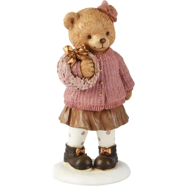 dekoratief Beertje staand m/krans, bruin/roze, resina, 9x7x19cm | A265714