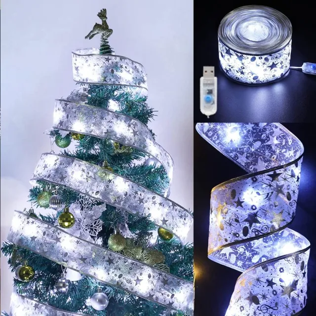 Nosheir USB LED lichtslinger 10 meter – 100 LED – Zilverkleurig lint – Koel wit licht – Voor kerstboom, party en feest – Breedte 5 cm