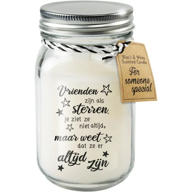 Snoepkado.com Kaars - Vrienden - Lichte vanille geur - In glazen pot - In cadeauverpakking met gekleurd lint zwart op glas