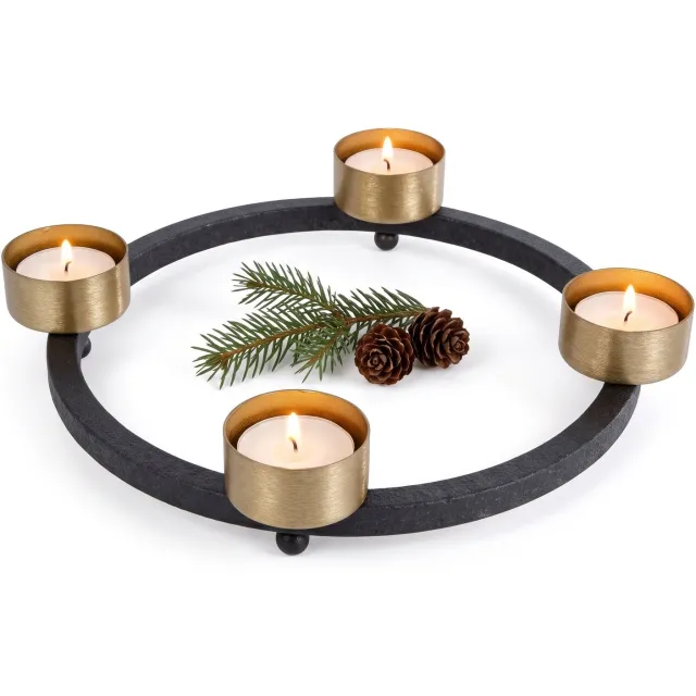Cheqo Theelichthouder Rond voor 4 Theelichtjes - Adventskrans Zwart Goud - Waxinelichthouder - Kaarsenhouder - Advent Kandelaar - Kerstdecoratie - Kaarsenstandaard - Tafelversiering - Herfstdecoratie - Kerstversiering - Sfeerverlichting Binnen