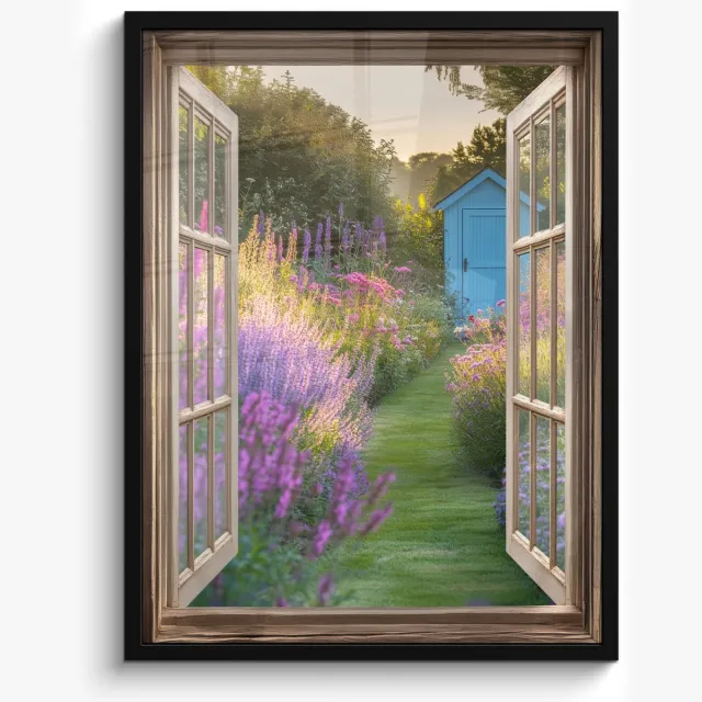 FrameYourWall Poster in lijst - Fotolijst 50x70 cm - Posters - Doorkijk - Bloemen - Raam - Natuur - Posterlijst zwart - Decoratie - Wanddecoratie woonkamer - Muurdecoratie slaapkamer Lavendel - Tuin