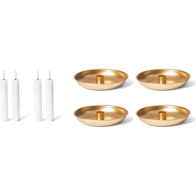 Novaliv Set van 4 kaarsenhouders, diameter 13 cm, decoratieve schaal goud met LED-kaars van echte was, premium scandic chic kaarsenschotel, tafelkaarsen, kerstdecoratie, adventskrans, kaarsenhouder wit