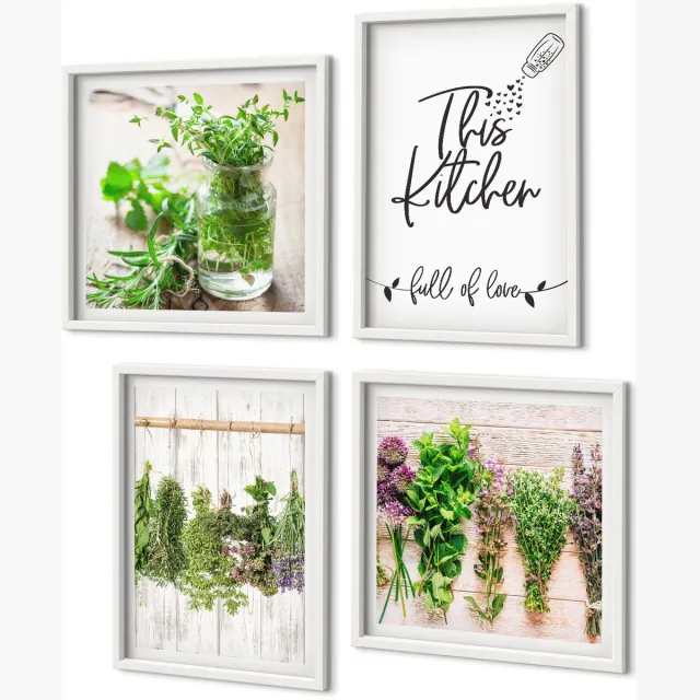 Coloray 4-Delige Schilderij Set - Kruiden En Planten Drogen Voor In De Keuken - 40 x 40 En 40 x 60 - Decoratieve Schilderijen - Wanddecoratie - Hal - Muurdecoratie Witte lijst