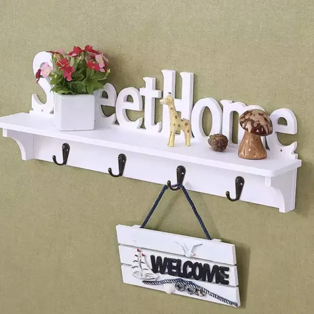 Senella Houten Sweet Home Kapstok - Muur rek - Hangende muur kapstok - Sleutel kapstok 4 haaks - Sleutels Opbergen - Handdoek Hanger - Slaapkamer Rek - Badkamer rek - Kapstok - Wit - 47 cm