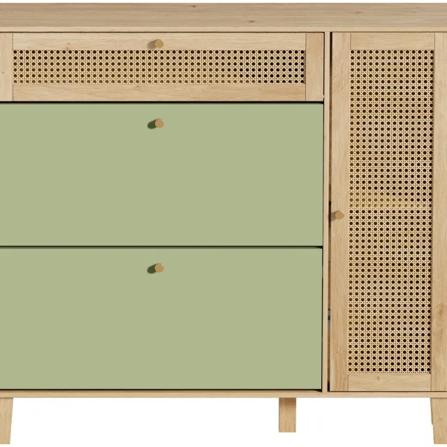UEV schoenenkast met 4 deuren, 107x24x105cm, smalle schoenenkast, rotan schoenenkast voor de hal, ruimtebesparende verstelbare en verwijderbare tussenschotten voor verschillende soorten schoenen (groen)