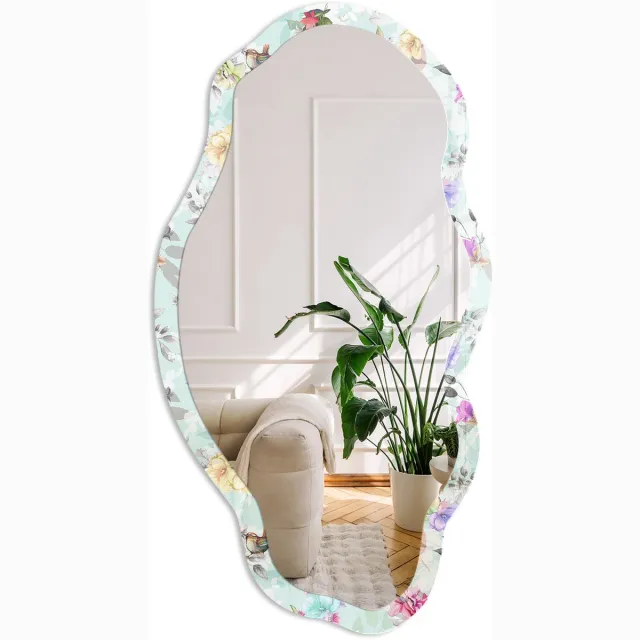 Coloray Bloemen Vogels Spiegel - Munt Rechthoekige Spiegel Met Modern Design - Organische Spiegel - Woonkamer - Aquarel - 45x90 cm - Totale afmeting 52x97 cm Vogelbloemen, Munt