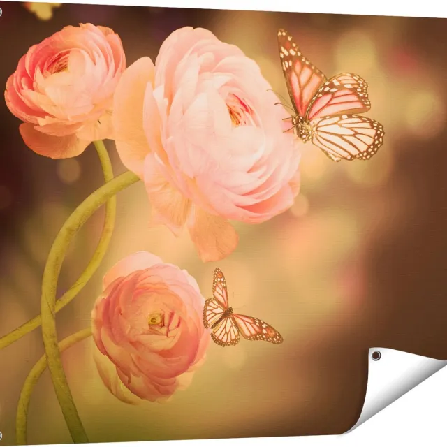 Gards Tuinposter Twee Roze Vlinders bij Roze Rozen - 100x80 cm - Tuindoek - Tuindecoratie - Wanddecoratie buiten - Tuinschilderij Multikleur