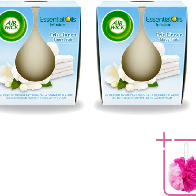 Air Wick 2 x Air Wick – Geurkaars – Fris Linnen met Essentiële Oliën – 105 g - Bulkverpakking - Geurkaars - Douchemop - Fris linnen Wit