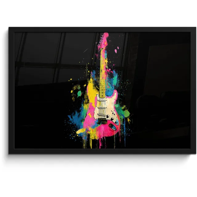 FrameYourWall Poster in lijst - Fotolijst 60x40 cm - Posters - Gitaar - Kleurrijk - Verf - Posterlijst zwart - Decoratie - Wanddecoratie woonkamer - Muurdecoratie slaapkamer