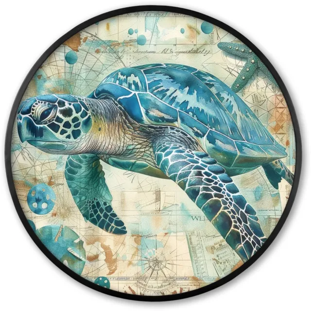 FrameYourWall Poster in lijst Rond - Fotolijst 80x80 cm - Posters - Vintage - Schildpad - Zeedieren - Watercolor - Ronde posterlijst zwart - Decoratie - Wanddecoratie woonkamer - Muurdecoratie slaapkamer