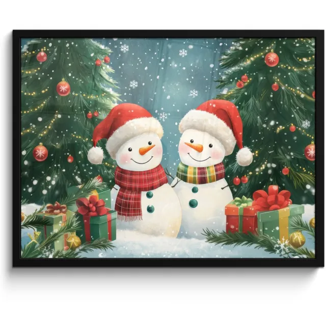 FrameYourWall Poster in lijst - Fotolijst 70x50 cm - Posters - Sneeuwpop - Kerstsneeuw - Groen - Rood - Posterlijst zwart - Decoratie - Wanddecoratie woonkamer - Muurdecoratie slaapkamer - Kerstversiering - Kerstdecoratie voor binnen - Kerstmis