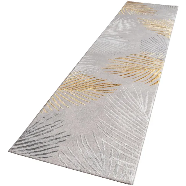 TT Home Vloerkleed laagpolig - Bladmotief - Grijs - 80 x 300 cm goldfarben