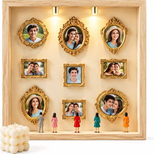 SWGOTA Diepe displaylijst in houtkleur, binnenmaat 20 x 25 cm, MDF tafelmodel met 2 lampjes