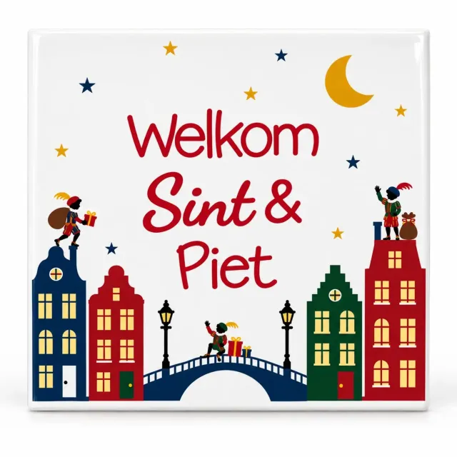 Saduro® Sinterklaas Tegeltje – Welkom Sint & Piet – Grachtenpanden – 10,8 x 10,8 cm meerkleurig