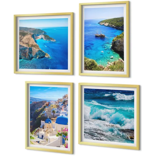 Coloray 4-Delige Schilderij Set - Uitzicht op de Griekse kust en het stadje Oia op Santorini - 40 x 40 cm en 40 x 60 cm - Decoratieve Muurdecoratie - Slaapkamer - Interieur Decoratie Gouden lijst