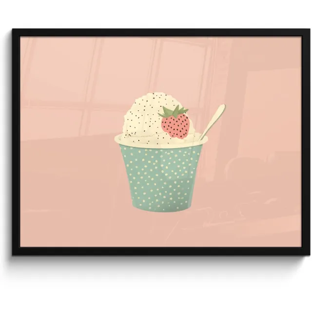 FrameYourWall Poster in lijst - Fotolijst 70x50 cm - Posters - Bakje - Ijs - Aardbei - Roze - Posterlijst zwart - Decoratie - Wanddecoratie woonkamer - Muurdecoratie slaapkamer