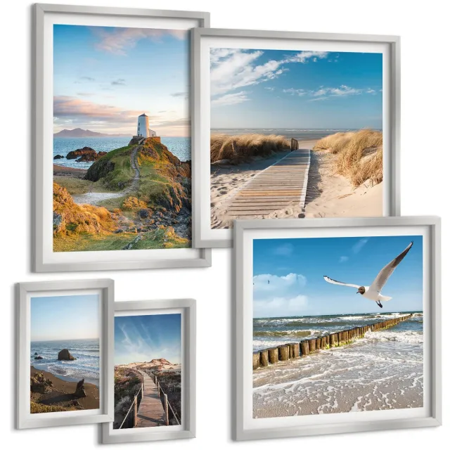 TULUP 4-Delige Schilderij Set - Uitzicht op zee met vuurtorens en stranden op de achtergrond. - 50 x 50 cm, 20 x 30 cm en 40 x 60 cm - Decoratieve Schilderijen - Woonkamer - Interieur - Woonkamer Decoratie Zilveren lijst