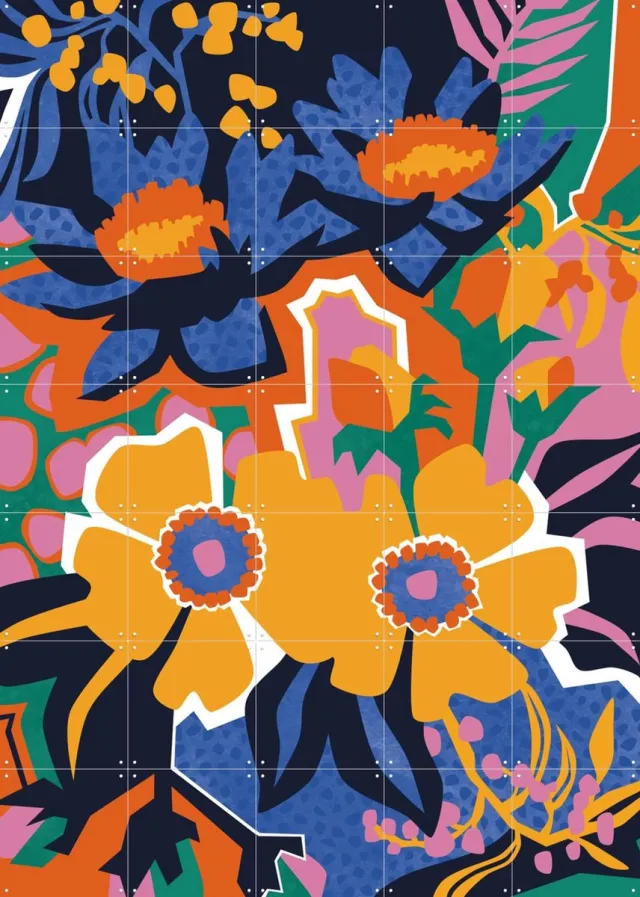 IXXI Getting Me Down, Megan Gallagher - 100 x 140 cm - Grote wanddecoratie en posters - Pop art, Speels, Kleurrijk, Grafisch Ontwerp, Illustraties Blauw / Roze / Oranje