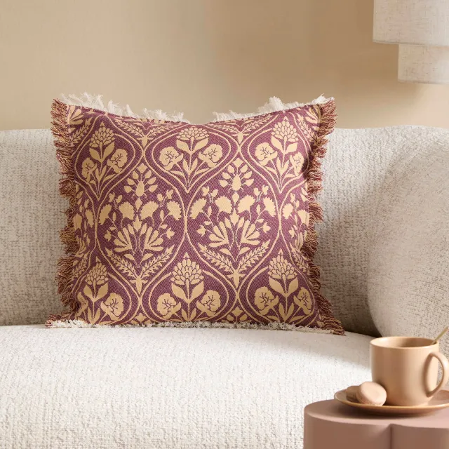 NOUS Living vierkante gebloemde sierkussen Rasha 45x45 cm - oudroze/beige/offwhite oudroze/beige/off white