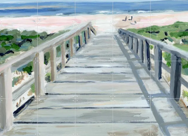 IXXI Beachboardwalk, Green Barn Studio - 100 x 80 cm - Grote wanddecoratie en posters - Aquarel, Impressionisme, Woonkamer, Slaapkamer, Gang, Paden Pastel kleuren / Blauw