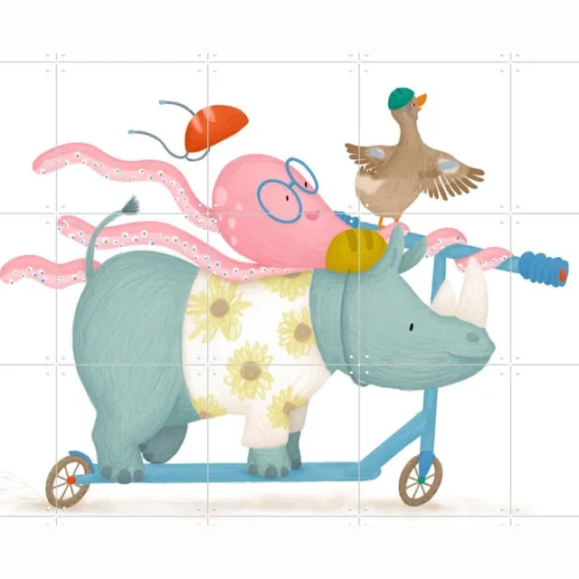 IXXI Party On The Scooter, Studio Phie - 100 x 100 cm - Grote wanddecoratie en posters - Speels, Cartoonesk, Fantasierijk, Kleurrijk, Illustraties Blauw / Roze