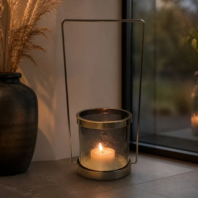 Hoppa! Windlicht - Met Handgreep - Nikkel/Grijs - 20 x 16 x 38 (B x D x H)