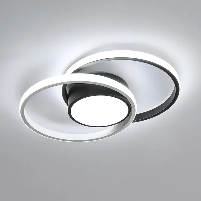 Riserva Moderne Plafondlamp, 42W LED Plafondverlichting 6500K Koel Wit, Dubbele Ronde Zwart‑Witte Lamp van Aluminium, Acryl, IJzer en Silicone, voor Woonkamer, Slaapkamer, Eetkamer